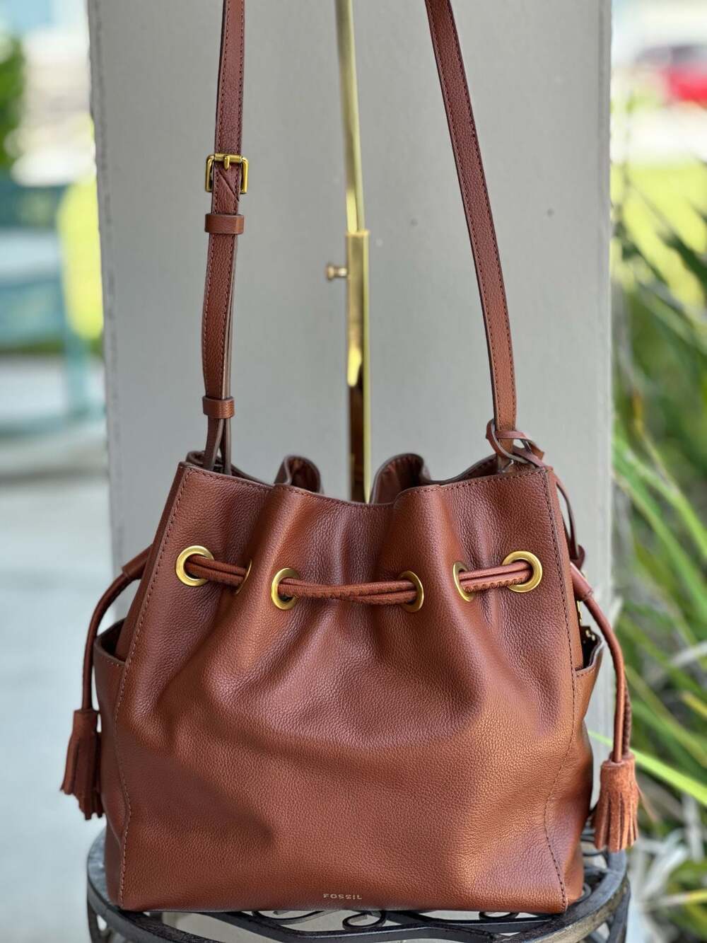 Fossil Brown Pebbled Leather Drawstring Bucket Bag with Tassels